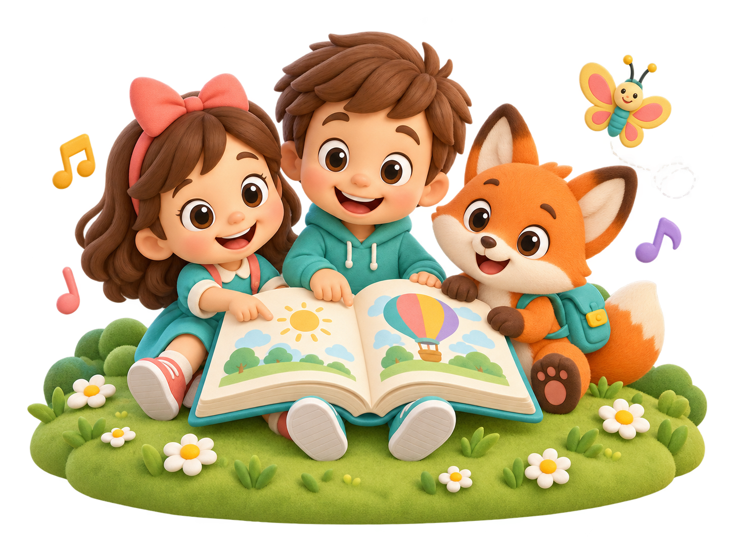 Una niña, un niño y un zorro descubren juntos un libro lleno de aventuras