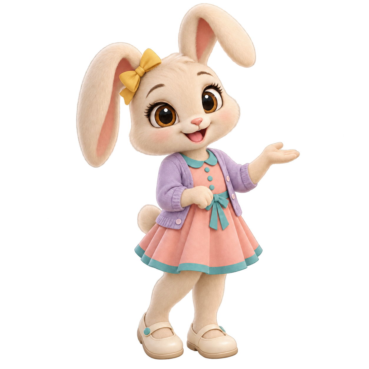 Mila, una conejita de pie con vestido rosa y chaqueta lavanda