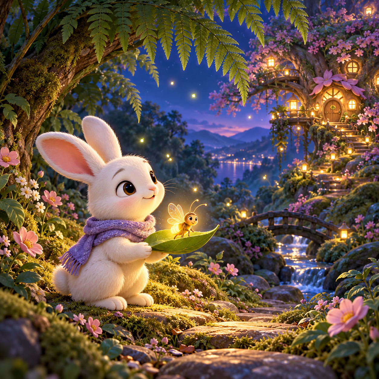 Mila, la conejita, encuentra una luciérnaga en el bosque