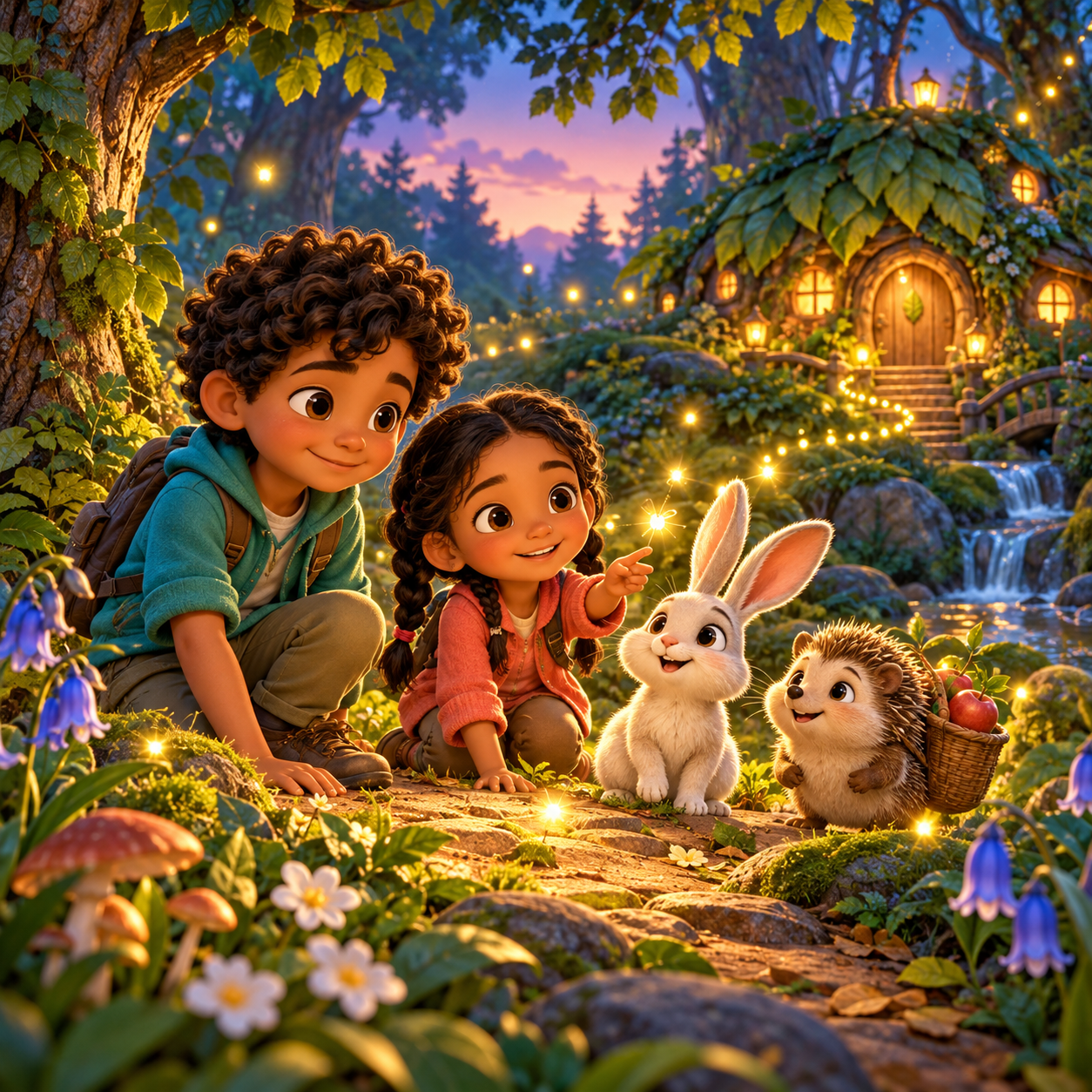 Niños y criaturas del bosque en una aventura